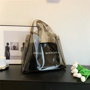 Fashion Custom Logo Plastic Transparent Jelly Black Grey PVC Gift Shopping Tote Bag with Button