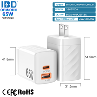IBD venta al por mayor personalizado PD 65W Gan cargador rápido EE. UU. UE Reino Unido AU India enchufe tipo C USB carga rápida teléfono portátil cargador de pared adaptadores
