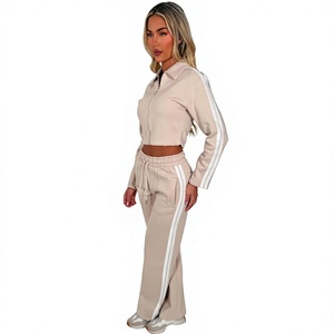 Conjunto Deportivo con Capucha para Mujer, Color Beige, Manga Larga, Cintura Elástica, Top Corto con Bolsillos Laterales, Corte Regular, Ropa Casual de Primavera - Product Image 1