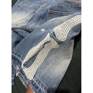 Custom Bones Logo <b>Patch</b> Denim <b>Shorts</b> <b>Men</b> Raw Hem Washed Distressed Jorts Straight High Quality Baggy Jean <b>Shorts</b> - Product Image 6