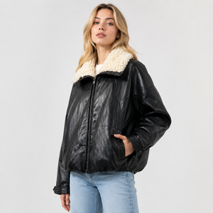 Veste bomber en cuir PU à col large et cordon de serrage de style britannique pour femmes en hiver - Product Image 1