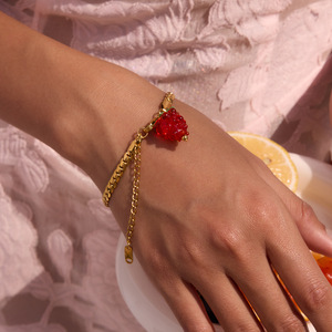 Retro Hong Kong Style Women's <b>Bracelet</b> 18K Gold Plated Stainless Steel <b>Red</b> Glass Grape Charm Jewelry Gift - Product Image 3