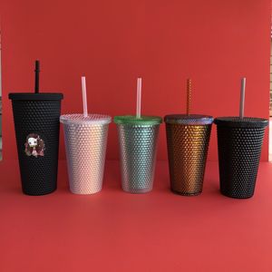 16oz glitter cold doubler wall bing matte grid bicchiere acrilico bicchieri in plastica con diamante bicchieri con coperchio e cannuccia - Product Image 3