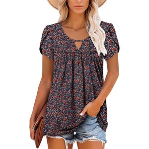 Blusa Túnica con Estampado Floral para Mujer, Manga Corta, Cuello Redondo, Estilo Bohemio, Informal, Veraniego, Tejido Transpirable, Elegante - Product Image 3