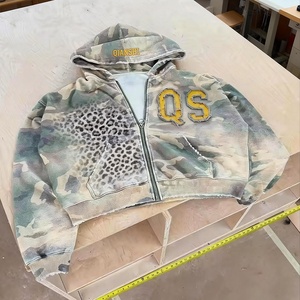 Sudadera con capucha para hombre, de hombros caídos, oversize, desgastada, con cremallera, estilo vintage, lavado ácido, con parche bordado personalizado, camuflaje - Product Image 2