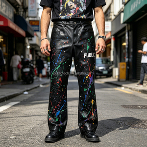 OEM Custom PU Leather Flared Jogger Pants Mens Colorful Paint Splatter Print Rivet Detail Screen Printed Streetwear Moto Pants - Product Image 3