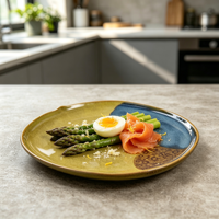 Service de vaisselle en grès artisanal EKA aux tons terreux, assiettes, bols et tasses à café faits à la main avec glaçure réactive pour restaurants et hôtels (OEM/ODM)