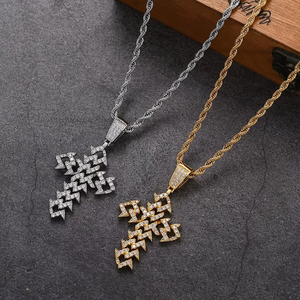 Bolt Cuban <b>Chain</b> <b>Cross</b> Pendant with Thorny Vines, Men's Hip Hop Copper Zircon Trendy Gift Necklace - Product Image 1