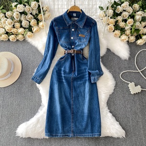 Stile retrò monopetto con risvolto a maniche lunghe Denim abito da donna nuova cintura in vita Cinching gonna lunga dimagrante - Product Image 3