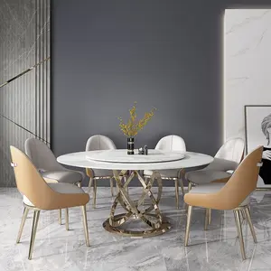 جولة الأبيض الدورية طاولة طعام 6 كرسي مجموعة مع 8 مللي متر طاولة من الزجاج المقسى أعلى قاعدة من الاستانلس ستيل كسول سوزان طباخ التعريفي
