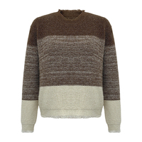 Pull en maille ample à col rond pour femme, motif color block marron et beige, avec franges brutes et texture nid d'abeille, manches longues