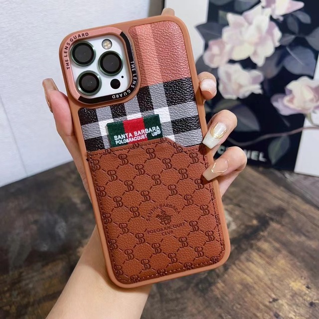 Famous Brand High Quality Leather Card Holder Mobile Phone Case Accessory Back Cover for iPhone 12 13 14 15 16 17 Pro Max