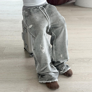 <span class=keywords><strong>Pantaloni</strong></span> Sportivi Larghi da Uomo Personalizzati Effetto Usurato, Grigio, con Gamba Larga, Strappati e Sfilacciati, Pesanti, con Coulisse, Stile Grunge Casual, All'ingrosso - Product Image 1