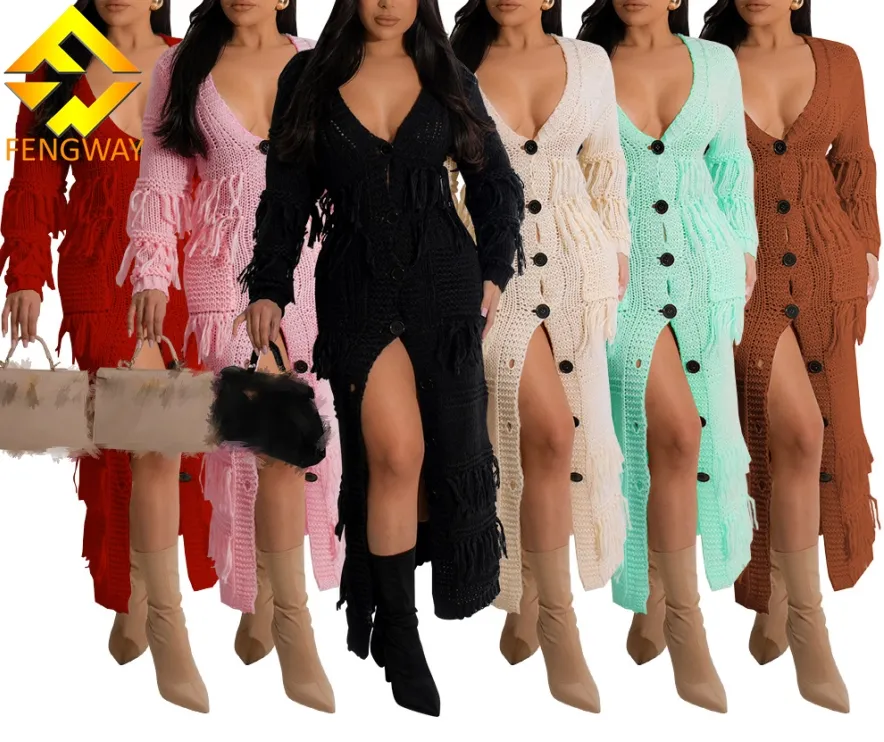 2024 Autumn Winter Long Sleeve Knitted Long Dresses For Women V-neck Tassel Pockets Single-breasted Party Club Sweater Dress