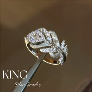 King Silver Jewelry Feather <b>Ring</b> S925 Sterling Silver Gold Plated <b>Crystal</b> Rhinestone Cocktail <b>Ring</b> Women's Fashion Jewelry - Product Image 1