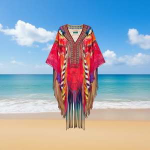 Hdj Copricostume Kimono da Donna, Stampa Boho, con Frange Lunghe, Vestaglia da Spiaggia Taglie Forti, Maxi, Scollo a V, Maniche a Pipistrello, in Poliestere Intrecciato - Product Image 2