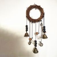 Guirlande Mystique OEM en Rotin Naturel avec Breloques Pentagramme et Arbre de Vie, Cordelette en Jute, Clochettes de Sorcière en Bronze, Carillon Éolien pour Décoration de Porte