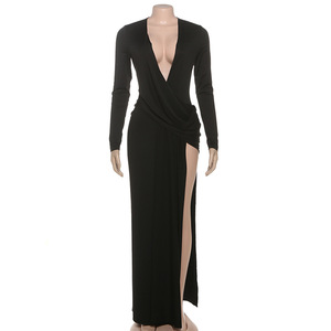 <span class=keywords><strong>Abbigliamento</strong></span> <span class=keywords><strong>donna</strong></span> alla moda 2026 manica lunga profondo scollo a v lato Modulare alta Casual Maxi abito lungo solido - Product Image 4