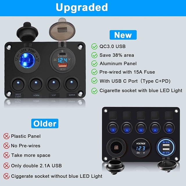 12V Switch Panel 45W USB C PD 18W QC 3.0 Fast Charger Cigarette Lighter Socket Digital Voltmeter for Marine Boat Car RV