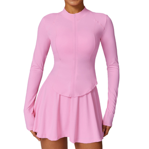 Logo Kustom Musim Panas Slim Lengan Panjang Cepat Kering Spandex/Nilon Kerah Tegak Setelan Tenis Golf Dua Potong Wanita Jaket Ritsleting Rok - Product Image 6