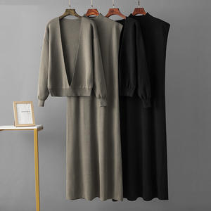 Vente en Gros Ensemble Robe Pull Femme Modeste 2 Pièces Col V Pull Maxi Robes Tricotées Longues Élégantes - Product Image 3
