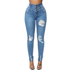 Vaqueros rasgados ajustados de talla grande para mujer, Jeans informales de algodón 100%, buena calidad, venta al por mayor, primavera y verano - Product Image 1