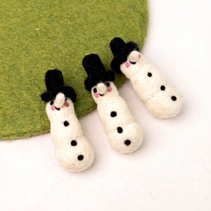 Mini muñeco de nieve blanco de fieltro con sombrero negro para decoración navideña, hecho a mano por un artesano nepalí. - Product Image 4
