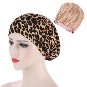 HZO-18130 femmes turban double couche satin doublé casquette imprimé léopard Beanie tête wrap Bonnet cheveux chapeau