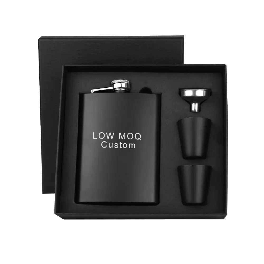 Grosir Kustom Logam Hitam 8Oz Food Grade Whiskey Flask Stainless Steel Set Hadiah dan Kacamata Shot Hip Flask