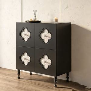 Premium Black Tall Wooden Cabinet 4-Door Quatrefoil Mother of Pearl Inlay Spindle Leg <b>Storage</b> <b>Sideboard</b> For Entryway Living Room - Product Image 2