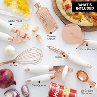 Nouvel arrivage : Ensemble d'ustensiles de cuisine en acier inoxydable 430 avec revêtement électrolytique doré, poignée en plastique, style épuré, compatible lave-vaisselle