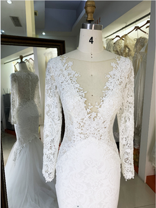 Robes de mariée de luxe en tulle blanc, vente en gros d'usine, manches longues, style sirène, broderie, style de fête, taille naturelle - Product Image 2