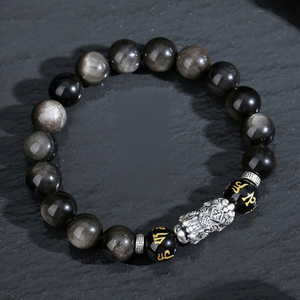 Pulsera de obsidiana con brillo natural, cuentas con mantra de seis palabras, pulsera vintage de la suerte y la riqueza para hombres y mujeres, regalo. - Product Image 3