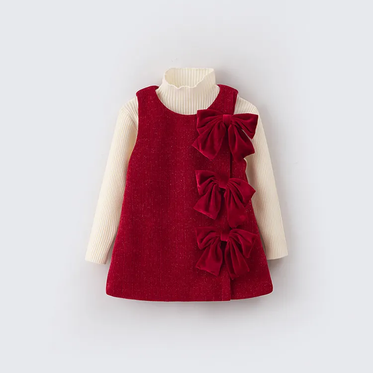 Abito da bambina con fiocco rosso per festa formale per festa top alla moda piccola fragranza felpata base di abbigliamento festivo di capodanno