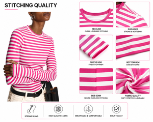 Camisa de manga larga a rayas rosa y blanca para mujer – Camisa informal de manga larga con cuello redondo y corte ajustado – Moda casual premium - Product Image 5
