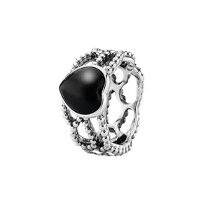 Fashion Daily Wear Cocktail Rings 925 Sterling Silver Women Hollow Out Heart Black Stone Agate Band Ring Jewelry