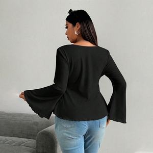 Nueva Camiseta Sexy <span class=keywords><strong>de</strong></span> Talla Grande para Mujer, Corte Ajustado, Cuello en V, Transpirable, Primavera-Verano, Manga Larga con Volantes y Cintura Ajustable con Cordones - Product Image 2