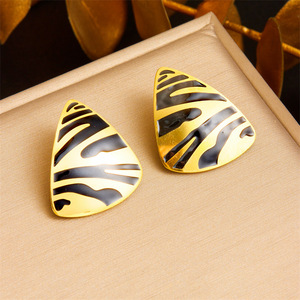 Geometric Triangular Gold Plated Stud Earrings With Zebra Pattern For Party Fashion - Product Image 1