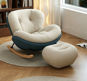 Fauteuil à bascule moderne capitonné avec repose-pieds, revêtement en cuir PU crème et bleu, design rond pour salon - Product Image 1