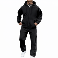 Ensemble de survêtement sportif hiver 2026 pour homme grande taille, 2 pièces, 100% coton molletonné respirant, sweat à capuche et pantalon de jogging avec détails latéraux