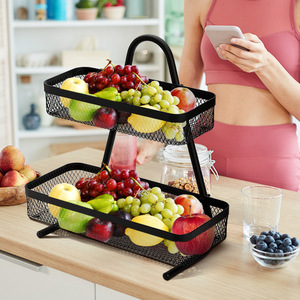 Metal Fruit Basket 2 Tier Black Mesh <b>Standing</b> Food Container For Kitchen Home Use - Product Image 2