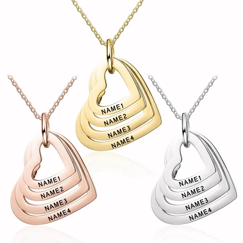 Personalized Necklace Custom Family Names Stainless Steel Heart Engraved Pendants Necklace for Women Mother Lover Jewelry