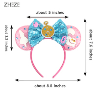 Serre-tête pour filles, motif princesse de dessin animé mignon, thème parc d'attractions, avec oreilles de souris, dentelle et paillettes, et motifs tasse à thé et chat montre