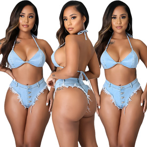 2022 moda verano Sexy señoras mujeres 2 piezas playa ropa de playa Jeans <span class=keywords><strong>Bikini</strong></span>