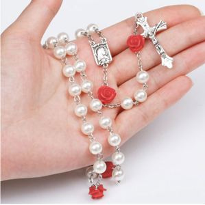 Rosario Perla de plástico Cuentas de 8mm con cuentas de flores rosas Medallas de Nuestra Señora de <span class=keywords><strong>Lourdes</strong></span> Jesús Cruz Cristo María Collar para orar - Product Image 2