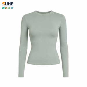 เสื้อยืด SUHE วินเทจลำลองสำหรับฤดูร้อน เป็นมิตรกับสิ่งแวดล้อม ทรงเข้ารูป ครอปท็อป แขนยาว ผ้าฝ้าย 92% ผสมอีลาสเทน 8% เนื้อเจอร์ซีย์ ป้องกันการเป็นขุย - Product Image 1