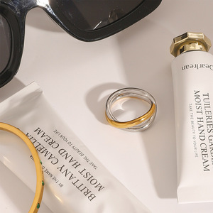 Geometric Stainless Steel <b>Ring</b> 18K Gold <b>Silver</b> Color Blocking Double Band Unisex Fashion Jewelry Gift - Product Image 2