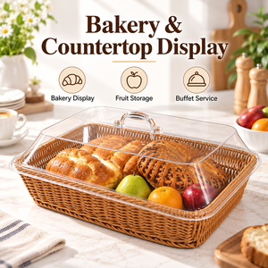 Panier en plastique tressé à la main marron naturel, plateau de service pour fruits et pain, idéal pour la cuisine et les restaurants (vente en gros) - Product Image 4