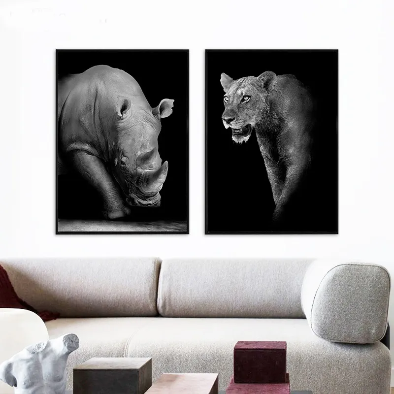 Home decoration Black White Animal Canvas Painting Wall Art Lion Elephant Deer Zebra Wall Pictures Posters for Living Room Decor