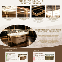 Vitrine à bijoux élégante et incurvée avec éclairage LED, personnalisable, en verre blanc doré de luxe pour les magasins de bijoux et de montres